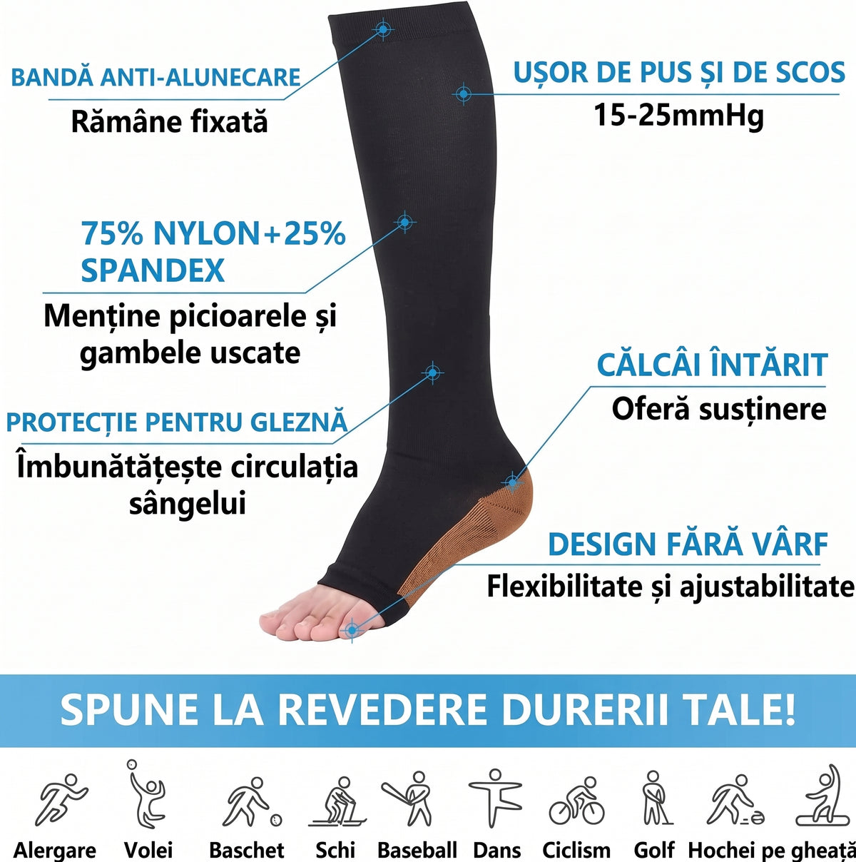 Ciorapi de Compresie Gradată Fără Degete OrtoPas® – Până la Genunchi (Unisex)